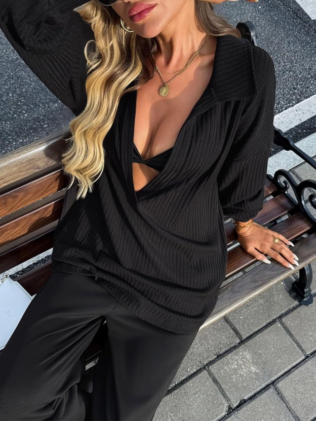 Womens Oversized Deep V Neck Sweatshirts Collared Long Sleeve Ribbed Knit Pullover Tops