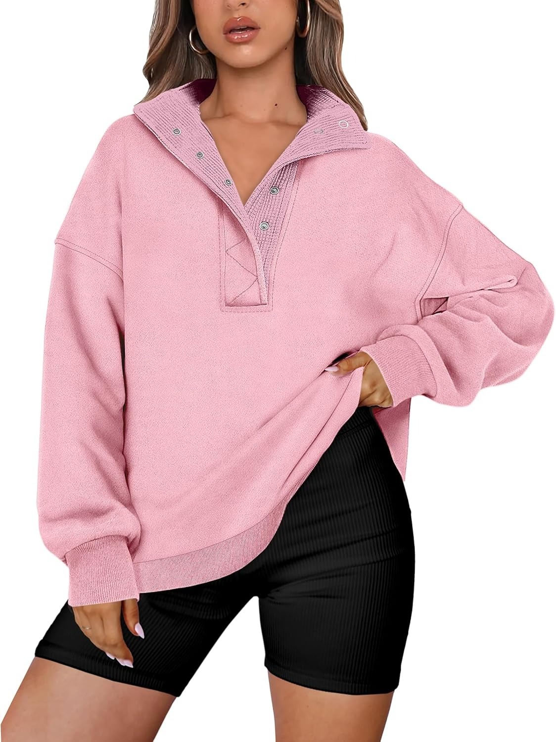 Women's Oversized Button Up Henley Pullover Sweatshirt