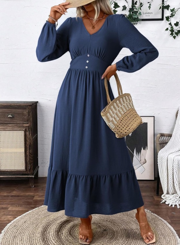 Women's Casual V Neck Long Sleeve Button High Waist Flowy Maxi Dress