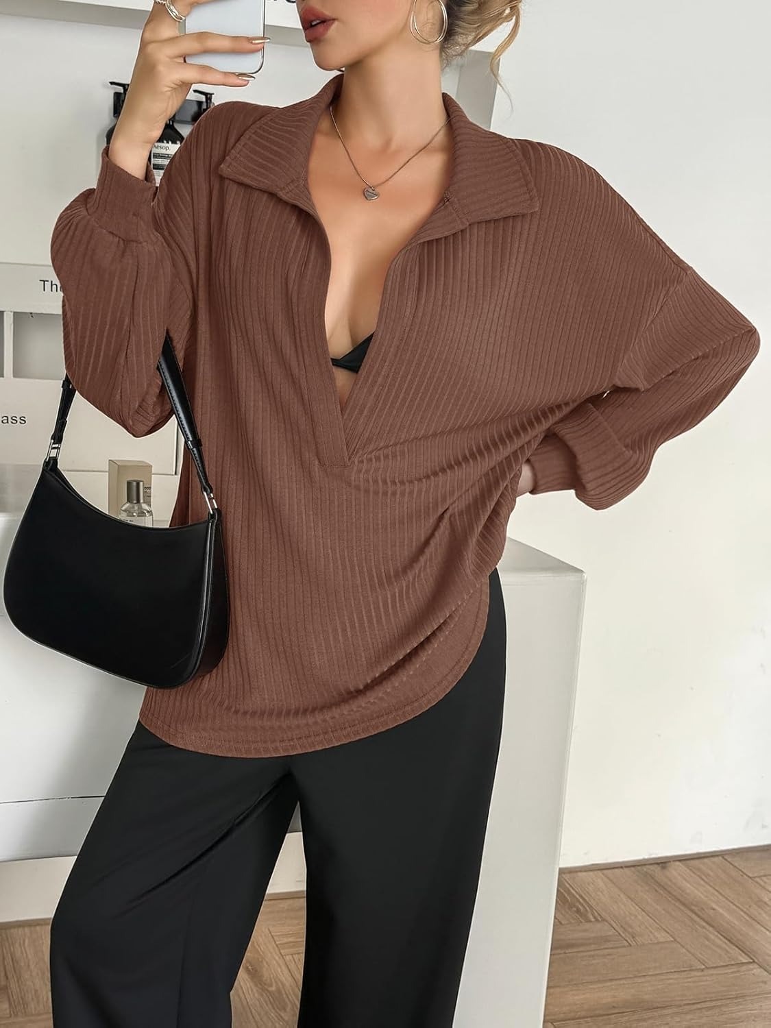 Womens Oversized Deep V Neck Sweatshirts Collared Long Sleeve Ribbed Knit Pullover Tops