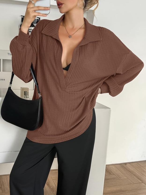 Womens Oversized Deep V Neck Sweatshirts Collared Long Sleeve Ribbed Knit Pullover Tops