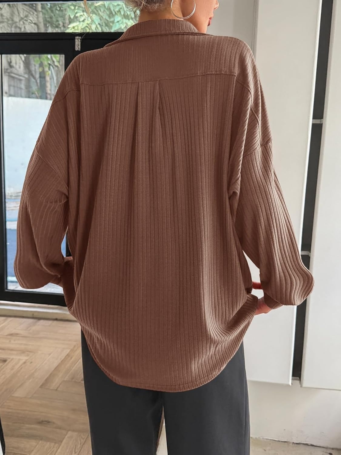 Womens Oversized Deep V Neck Sweatshirts Collared Long Sleeve Ribbed Knit Pullover Tops