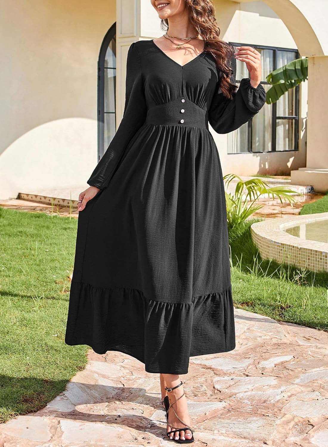 Women's Casual V Neck Long Sleeve Button High Waist Flowy Maxi Dress