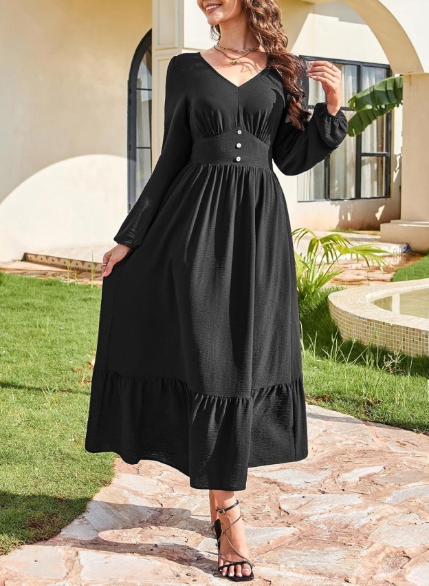 Women's Casual V Neck Long Sleeve Button High Waist Flowy Maxi Dress