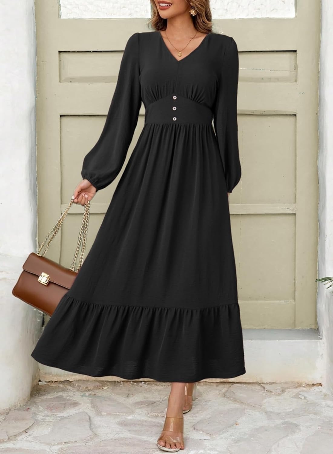 Women's Casual V Neck Long Sleeve Button High Waist Flowy Maxi Dress