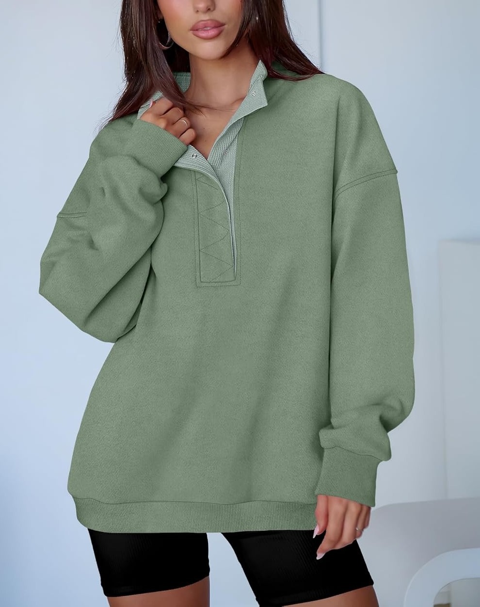 Women's Oversized Button Up Henley Pullover Sweatshirt