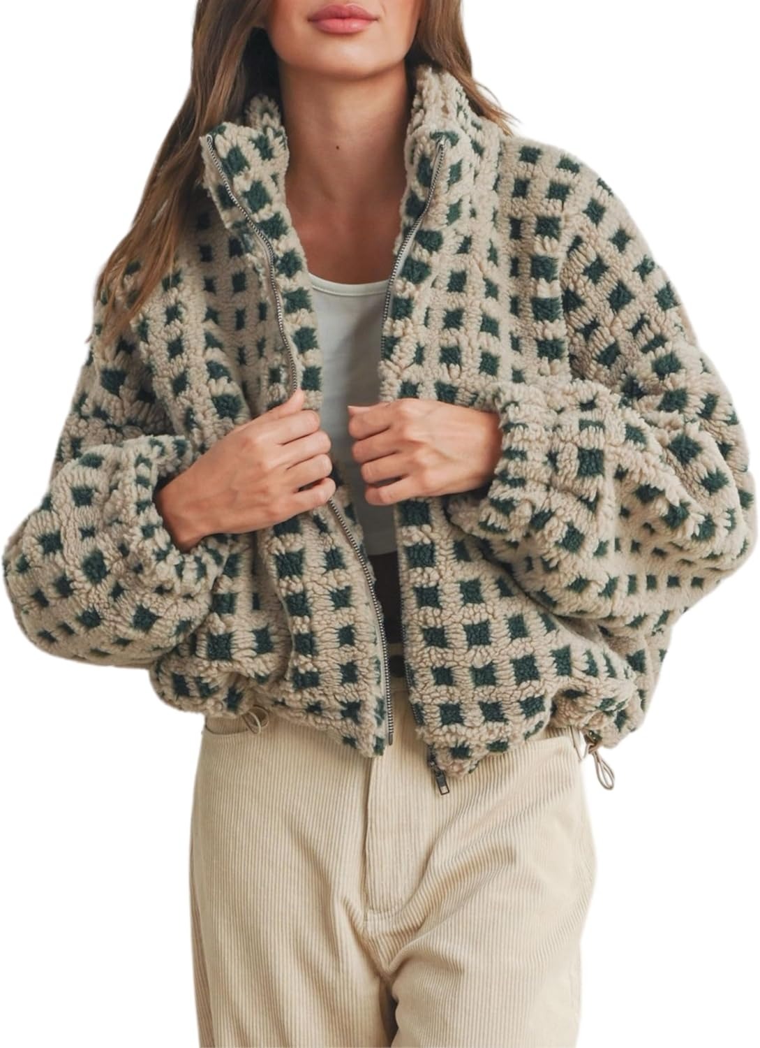 Women’s Cropped Sherpa Fleece Plaid Jacket Chunky Teddy Fleece Outerwear(buy 2 free shipping）