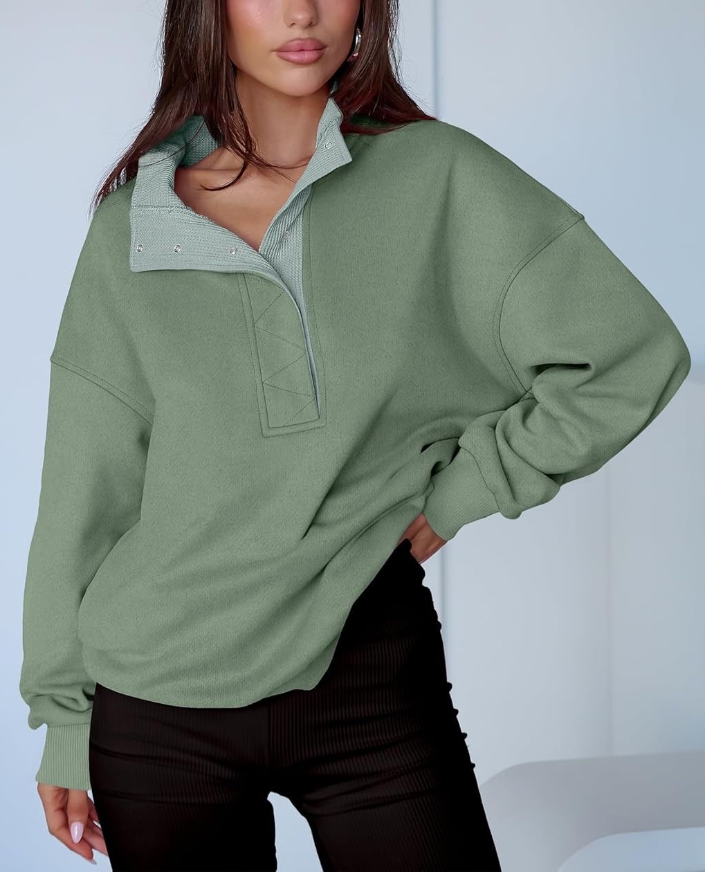 Women's Oversized Button Up Henley Pullover Sweatshirt