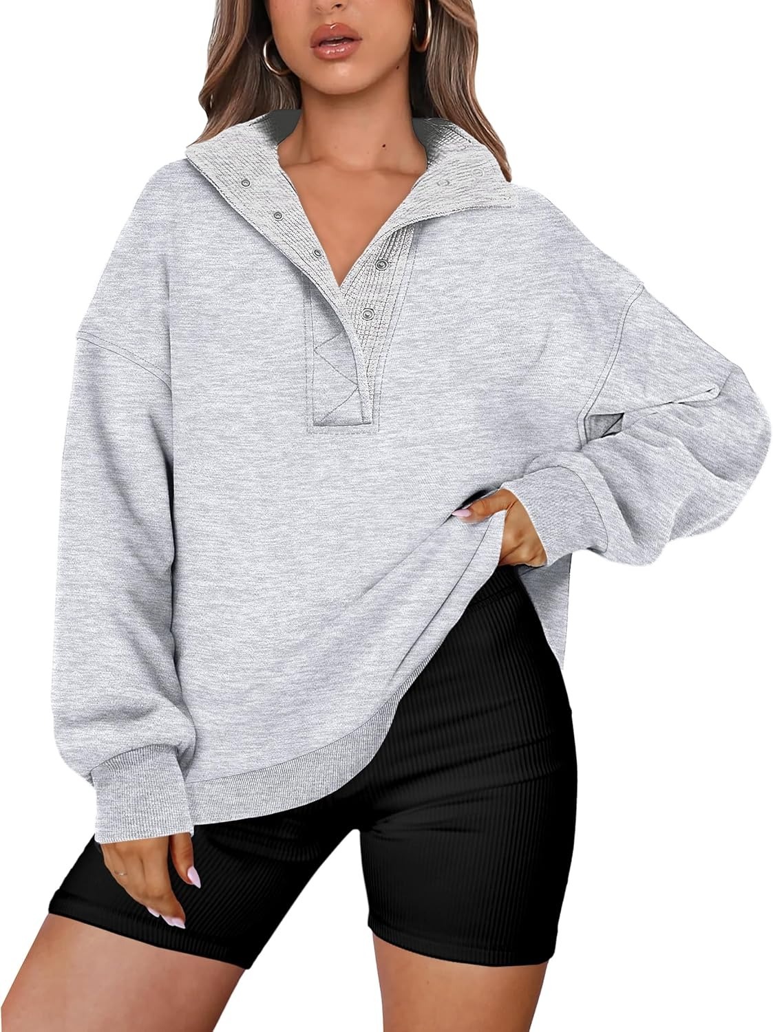 Women's Oversized Button Up Henley Pullover Sweatshirt