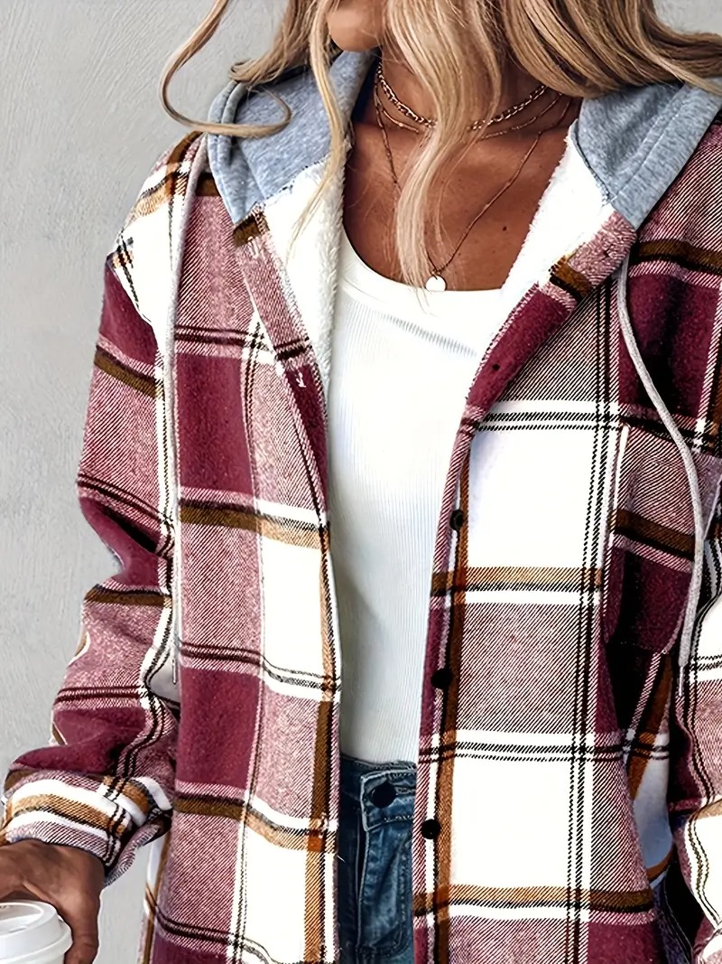 HOT SALE Women's Plaid Button Down Fleece Lined Hooded Jackets Warm Coat