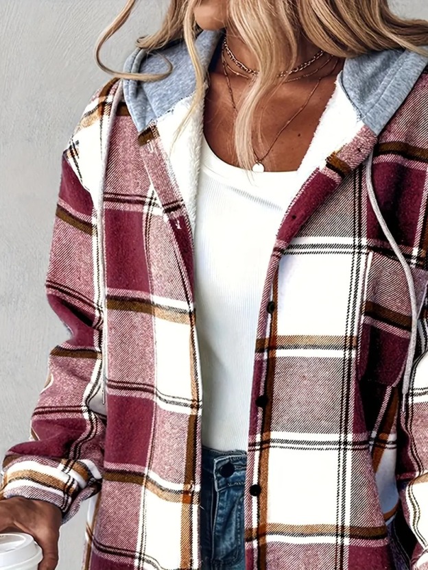 HOT SALE Women's Plaid Button Down Fleece Lined Hooded Jackets Warm Coat