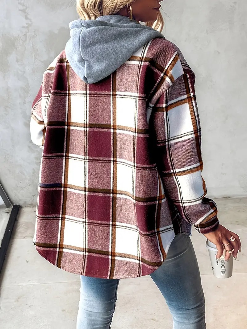 HOT SALE Women's Plaid Button Down Fleece Lined Hooded Jackets Warm Coat