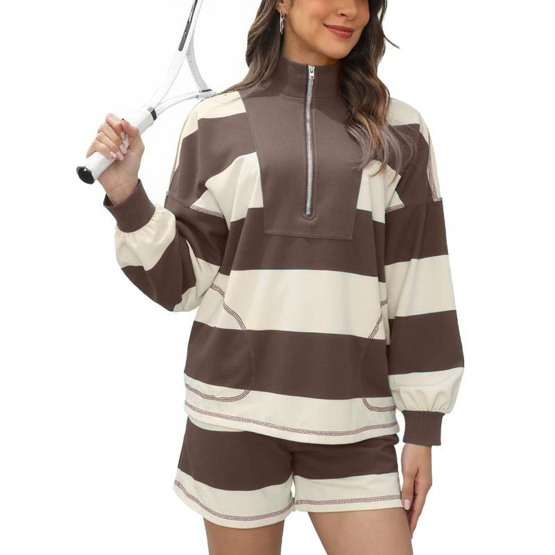 Women's Lounge Set 2 Piece Striped Long Sleeve Quarter Zip