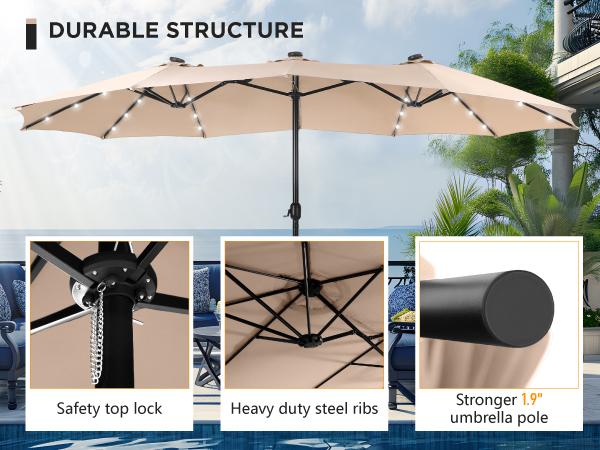 DealsForYouDays PHIVILLA 15ft Large Outdoor Patio Umbrella with Base – LED Light Option, Double-Sided, Crank Handle, Waterproof，Comes with Weighted Base and Sandbag, Accommodates 10 People, Great for Poolside, Garden, Lawn, Backyard, Deck and Beach