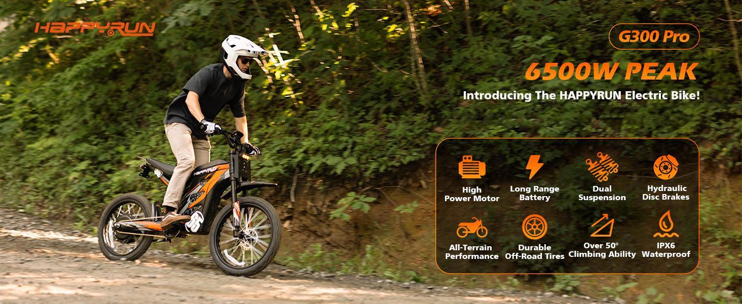 HAPPYRUN G300 Pro Off Road Ebike for Adults - 72V 30Ah Removable Battery, 6500W Peak Power, 50MPH Max Speed, 70 mi Range, 350LBS Load Capacity, Hydraulic Brakes, 2-Year Warranty