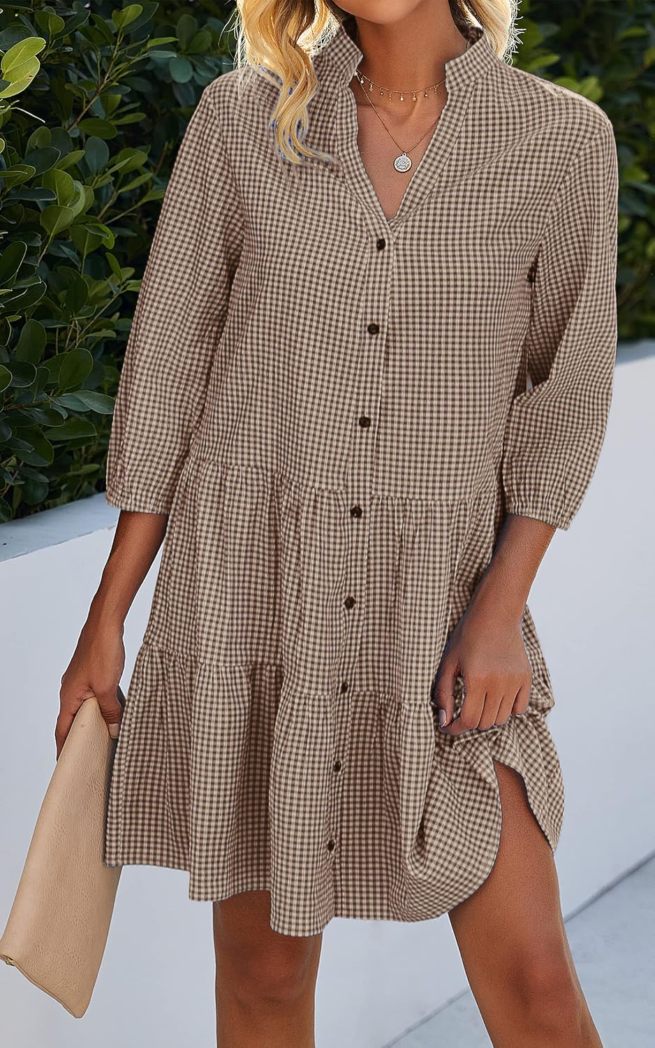 Women's Button Down 3/4 Sleeve Gingham Shirt Dress (Buy 2 Free Shipping)
