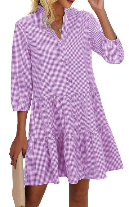 Women's Button Down 3/4 Sleeve Gingham Shirt Dress (Buy 2 Free Shipping)