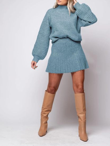 Women's Mock Neck Ribbed Sweaters and Mini Skirt Two Piece Sets