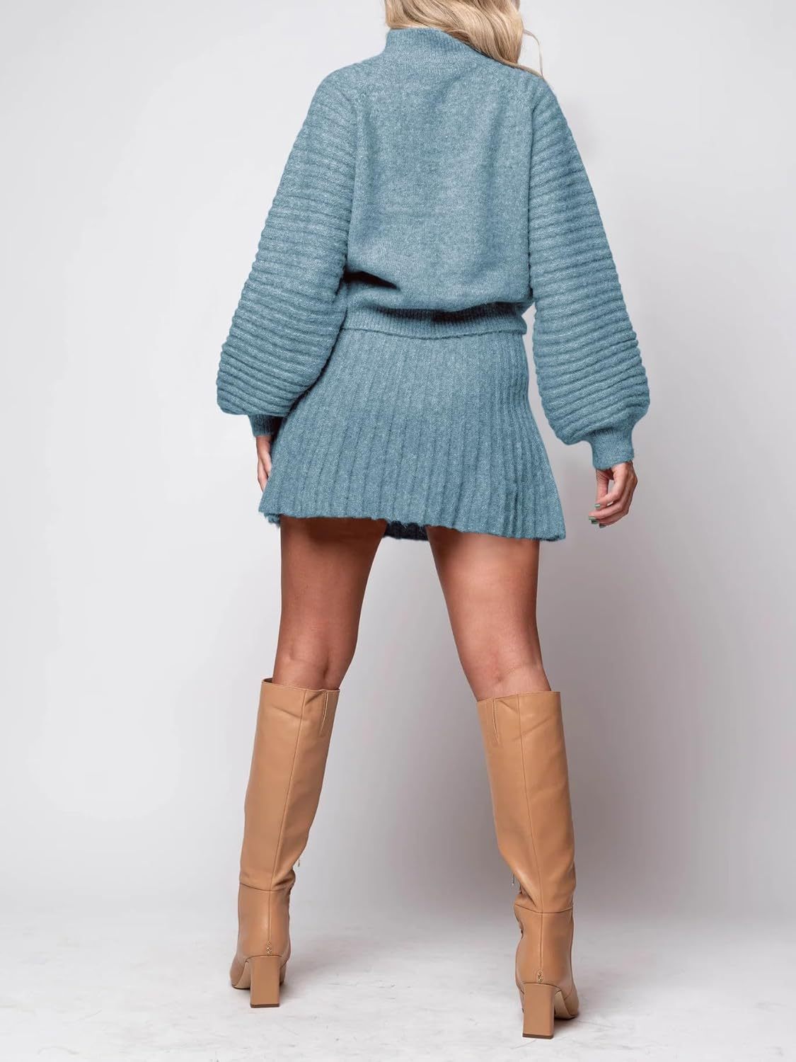 Women's Mock Neck Ribbed Sweaters and Mini Skirt Two Piece Sets