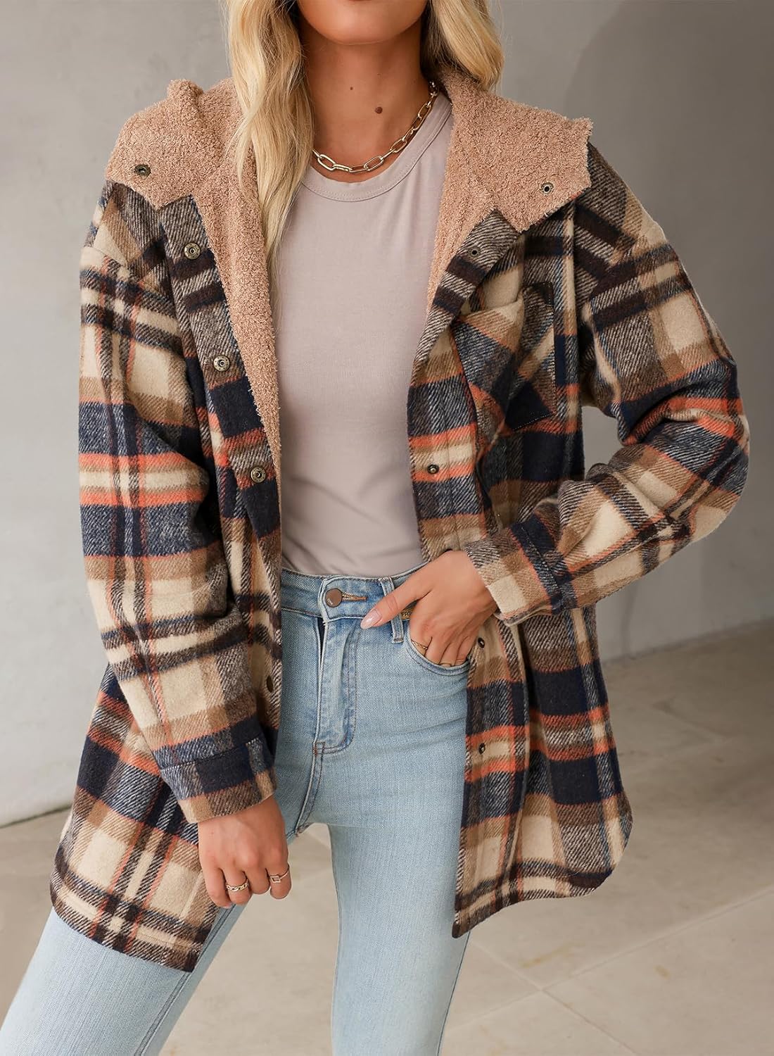 Women's Flannel Fuzzy Fleece Button down Hooded Plaid Shacket Jacket (Buy 2 Free Shipping)