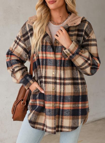 Women's Flannel Fuzzy Fleece Button down Hooded Plaid Shacket Jacket (Buy 2 Free Shipping)