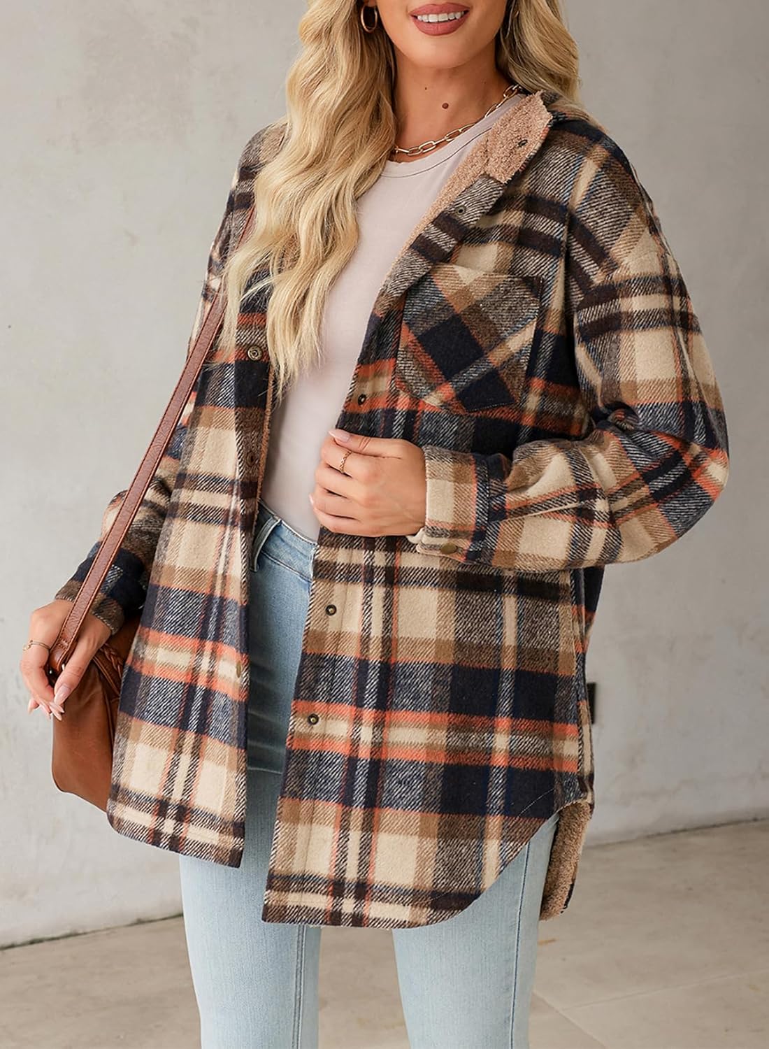 Women's Flannel Fuzzy Fleece Button down Hooded Plaid Shacket Jacket (Buy 2 Free Shipping)