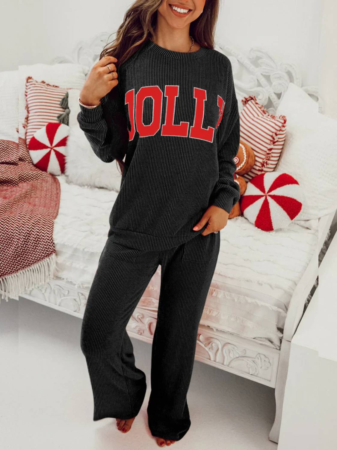 Womens JOLLY Graphic Christmas Ribbed Long Sleeve Top & Pants 2 Piece Set