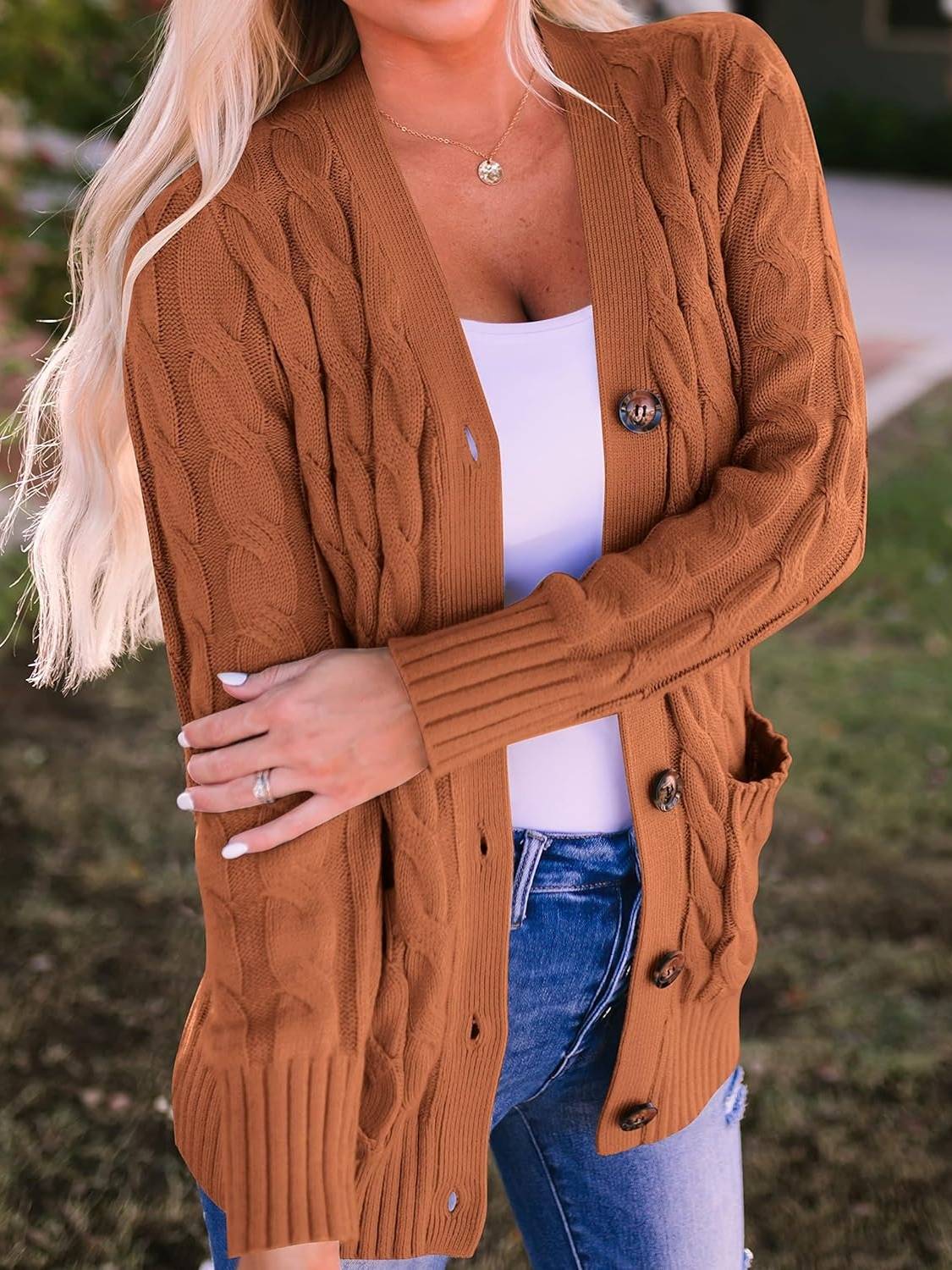 Women's Fall Casual Long Sleeve Button Down Open Front Cable Knit Cardigan