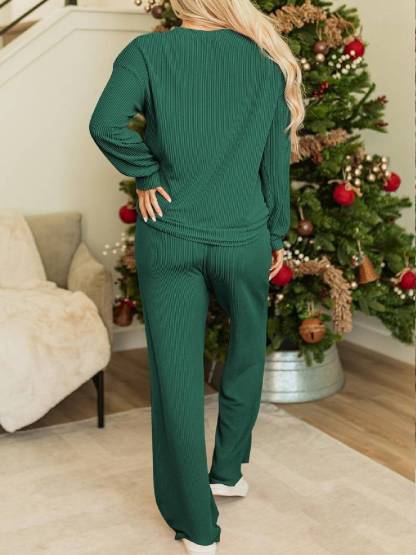 Womens JOLLY Graphic Christmas Ribbed Long Sleeve Top & Pants 2 Piece Set