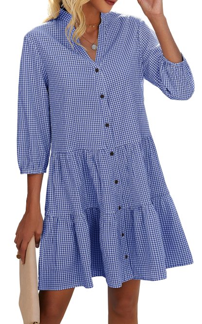 Women's Button Down 3/4 Sleeve Gingham Shirt Dress (Buy 2 Free Shipping)
