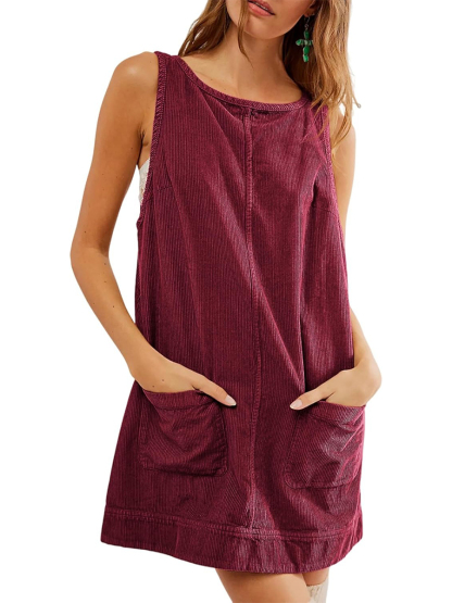 Women's Corduroy Round Neck A Line Overall Dress with Pockets