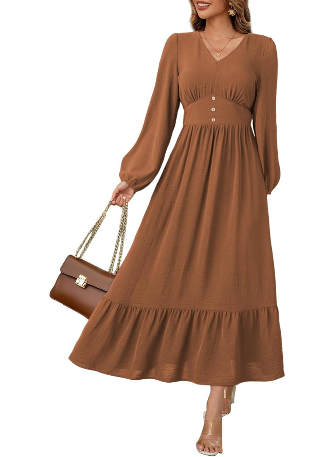 Women's Casual V Neck Long Sleeve Button High Waist Flowy Maxi Dress