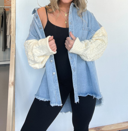 Cozy Sweater Sleeve Denim Shacket