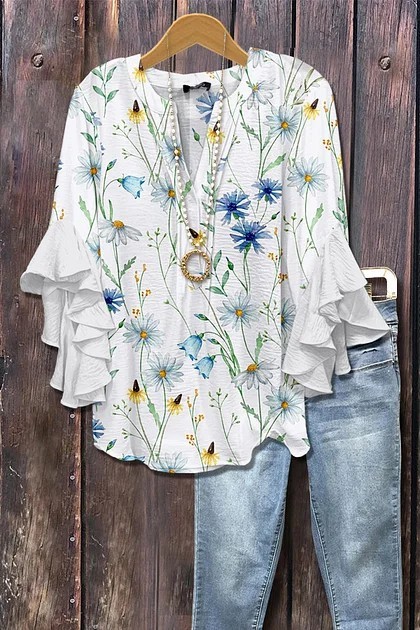 Women's Mixed Floral Print Ruffle Bell Sleeve Top(BUY 2 FREE SHIPPING)