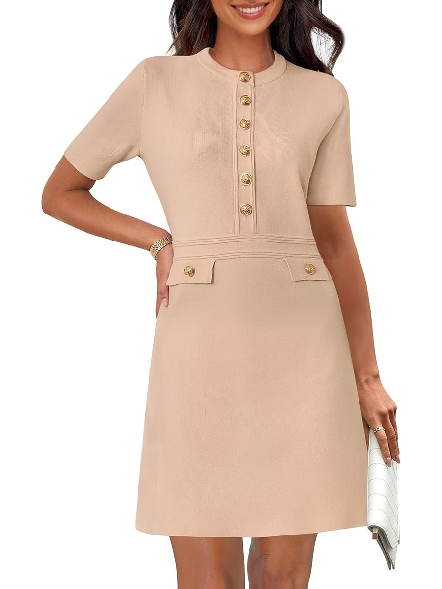 Women's Elegant Knit Button Short Sleeve Bodycon Mini Dress