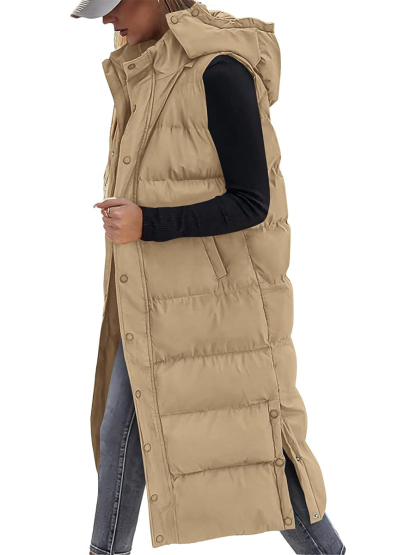 Women's Hooded Button Zipper Long Puffer Vest Jacket Coat