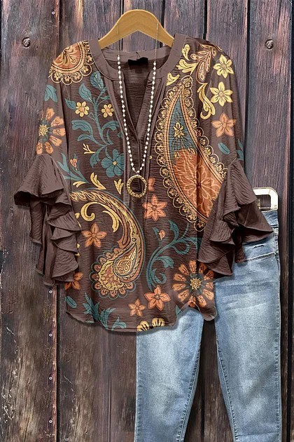 Women's Mixed Floral Print Ruffle Bell Sleeve Top(BUY 2 FREE SHIPPING)