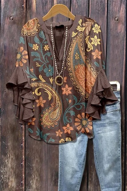 Women's Mixed Floral Print Ruffle Bell Sleeve Top(BUY 2 FREE SHIPPING)