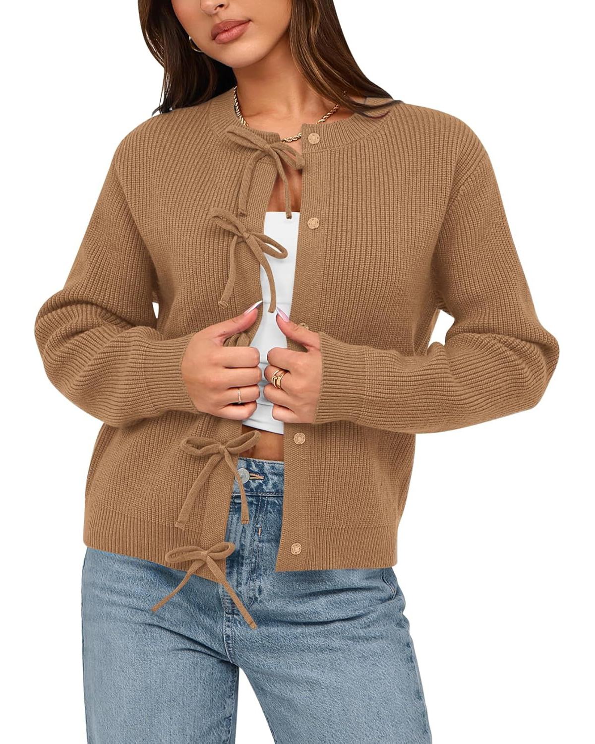 Women's Trendy Long Sleeve Ribbed Bow Button Cardigan Sweater
