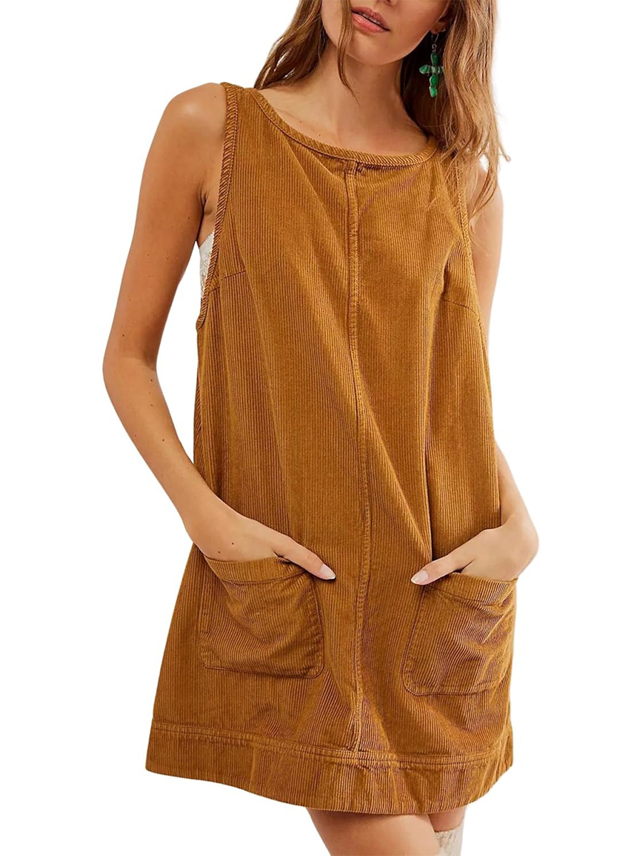 Women's Corduroy Round Neck A Line Overall Dress with Pockets