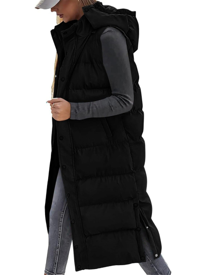Women's Hooded Button Zipper Long Puffer Vest Jacket Coat