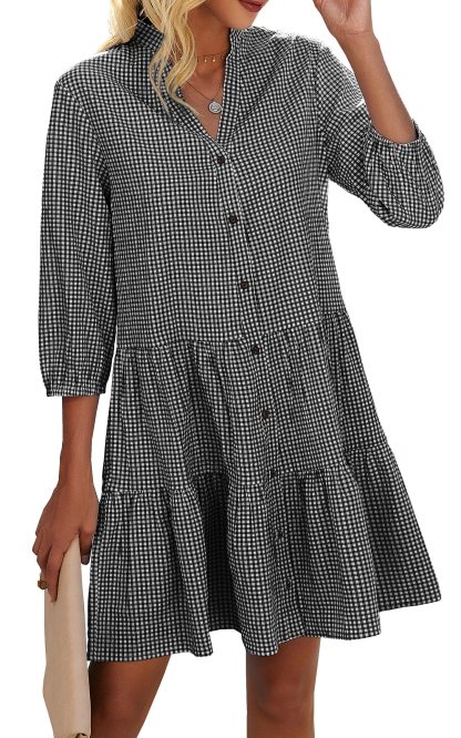 Women's Button Down 3/4 Sleeve Gingham Shirt Dress (Buy 2 Free Shipping)