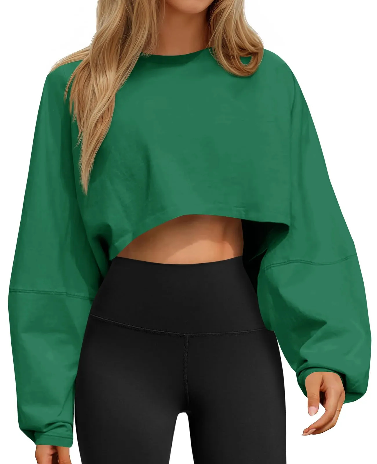 ✨Women‘s Long Ballon Sleeve Cropped Crew Neck Sweatshirts Tops(buy 2 free shipping)