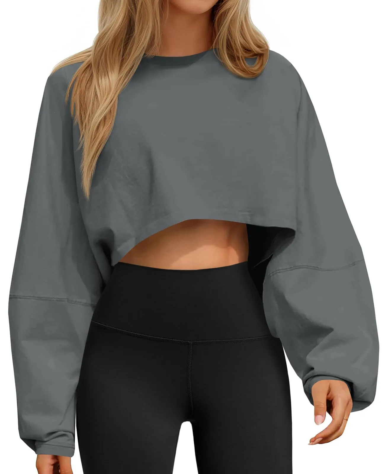 ✨Women‘s Long Ballon Sleeve Cropped Crew Neck Sweatshirts Tops(buy 2 free shipping)