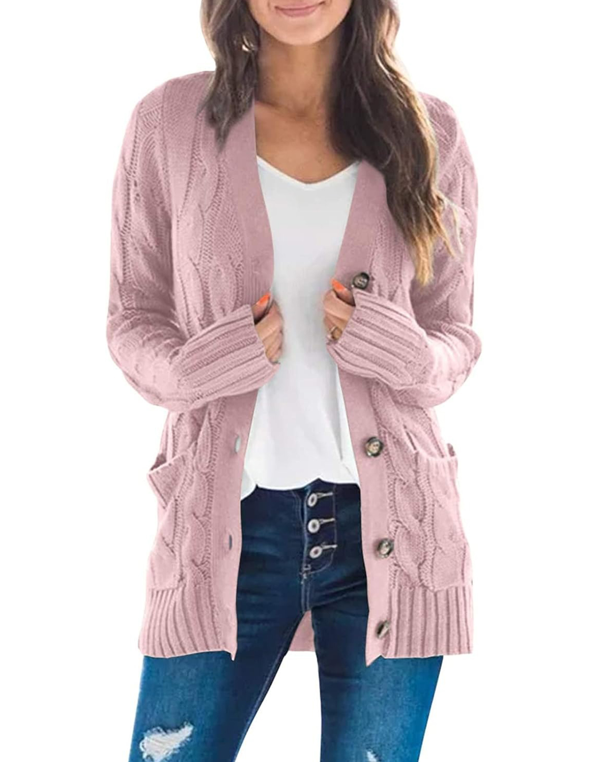 HOT SALE Women's Button Down Open Front Cable Knit Cardigan Sweater