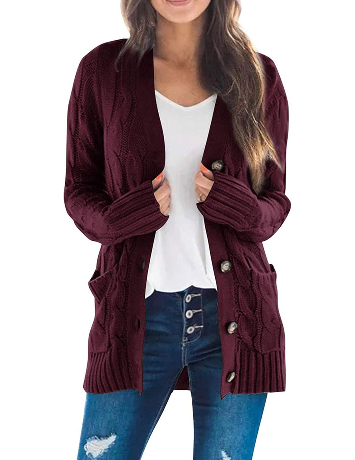 HOT SALE Women's Button Down Open Front Cable Knit Cardigan Sweater