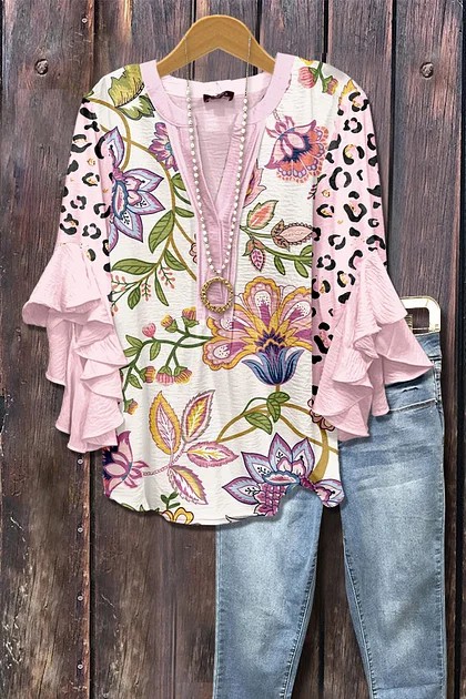 Women's Mixed Floral Print Ruffle Bell Sleeve Top(BUY 2 FREE SHIPPING)
