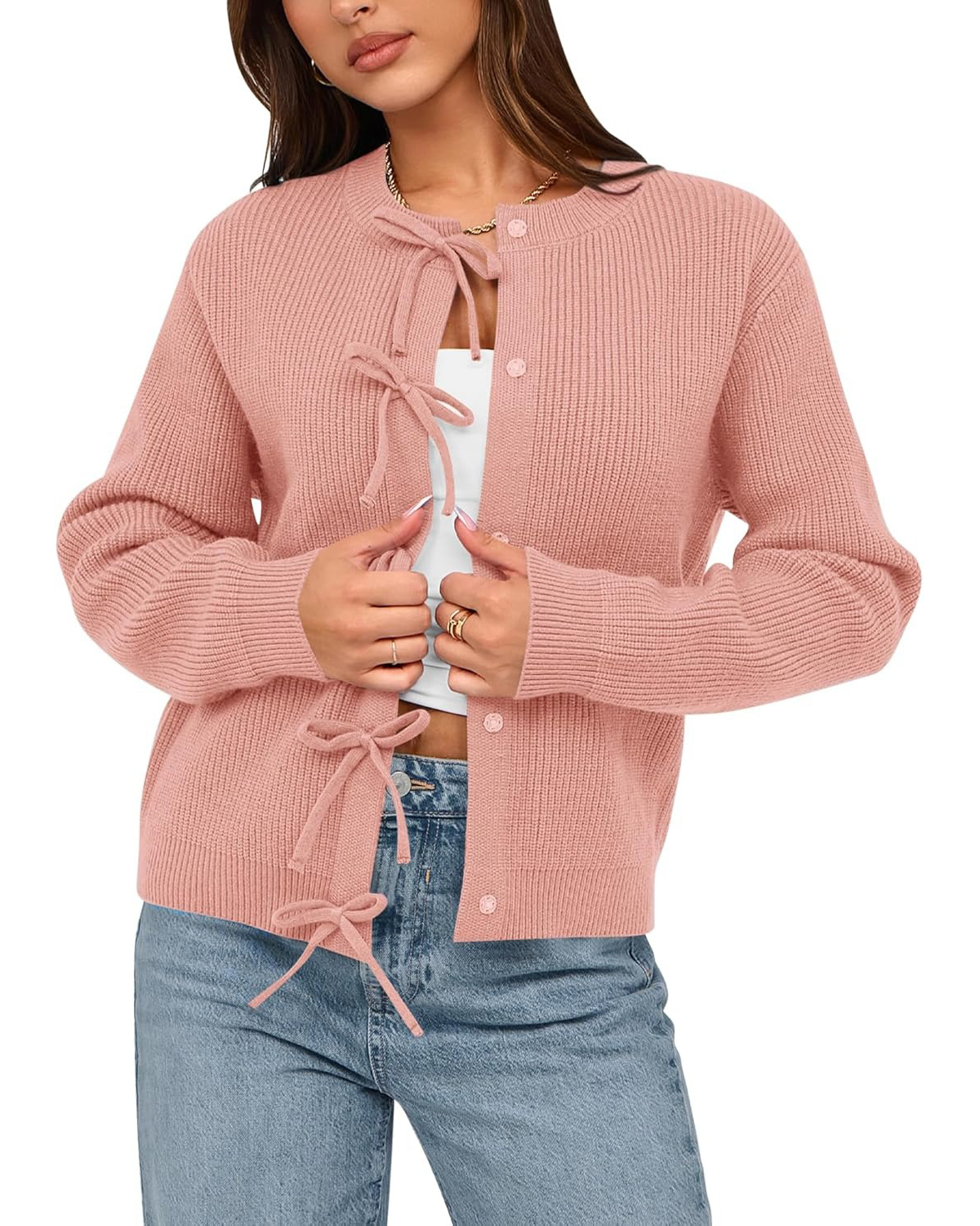 Women's Trendy Long Sleeve Ribbed Bow Button Cardigan Sweater