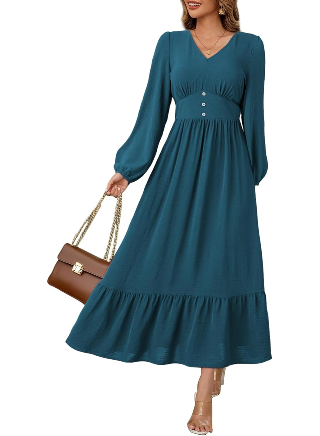 Women's Casual V Neck Long Sleeve Button High Waist Flowy Maxi Dress
