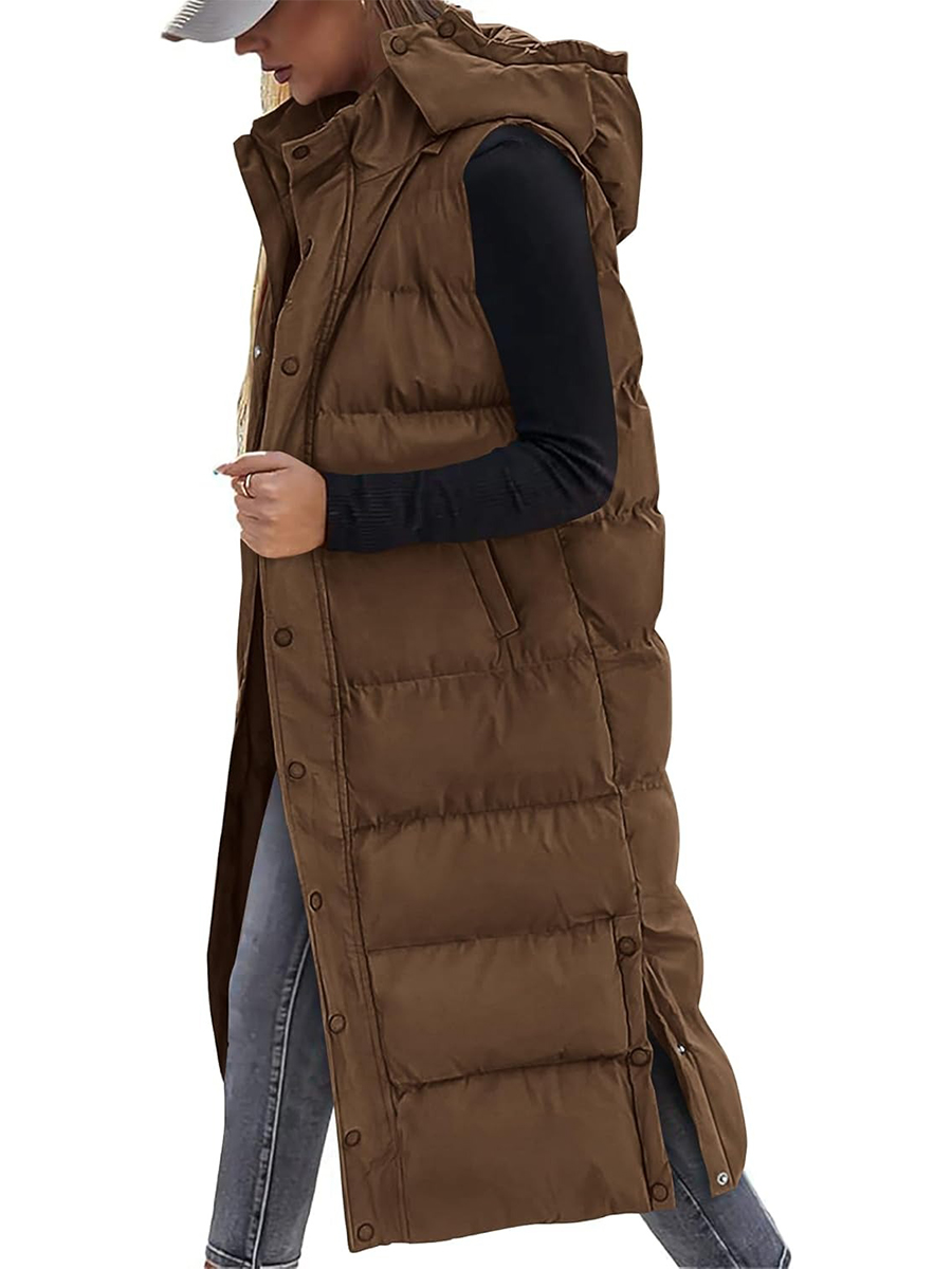 Women's Hooded Button Zipper Long Puffer Vest Jacket Coat